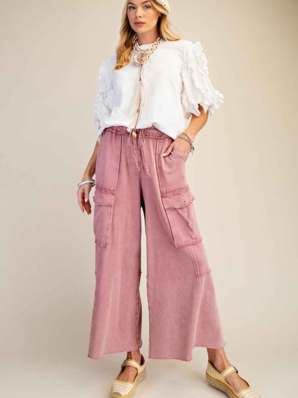 WASHED WIDE LEGS TERRY CARGO PANTS